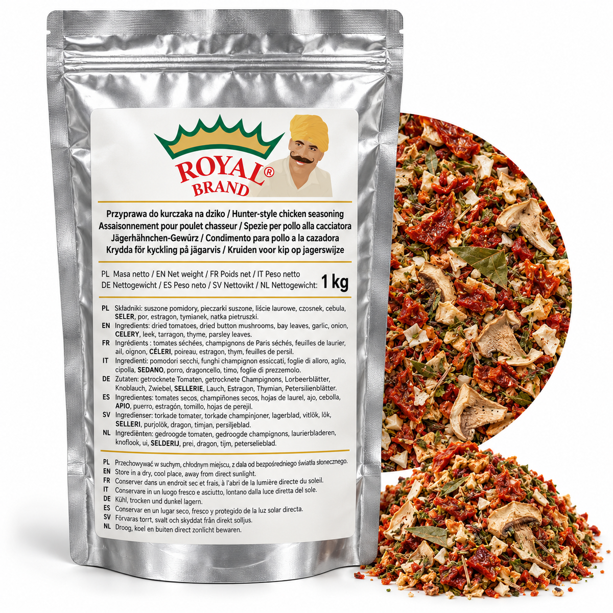Projekt opakowania: Przyprawa do kurczaka na dziko 1 kg Royal Brand; logo Royal Brand do weryfikacji.
