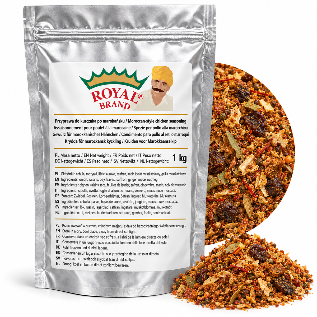 Projekt opakowania: Przyprawa do kurczaka po marokańsku 1 kg Royal Brand; logo Royal Brand do weryfikacji.