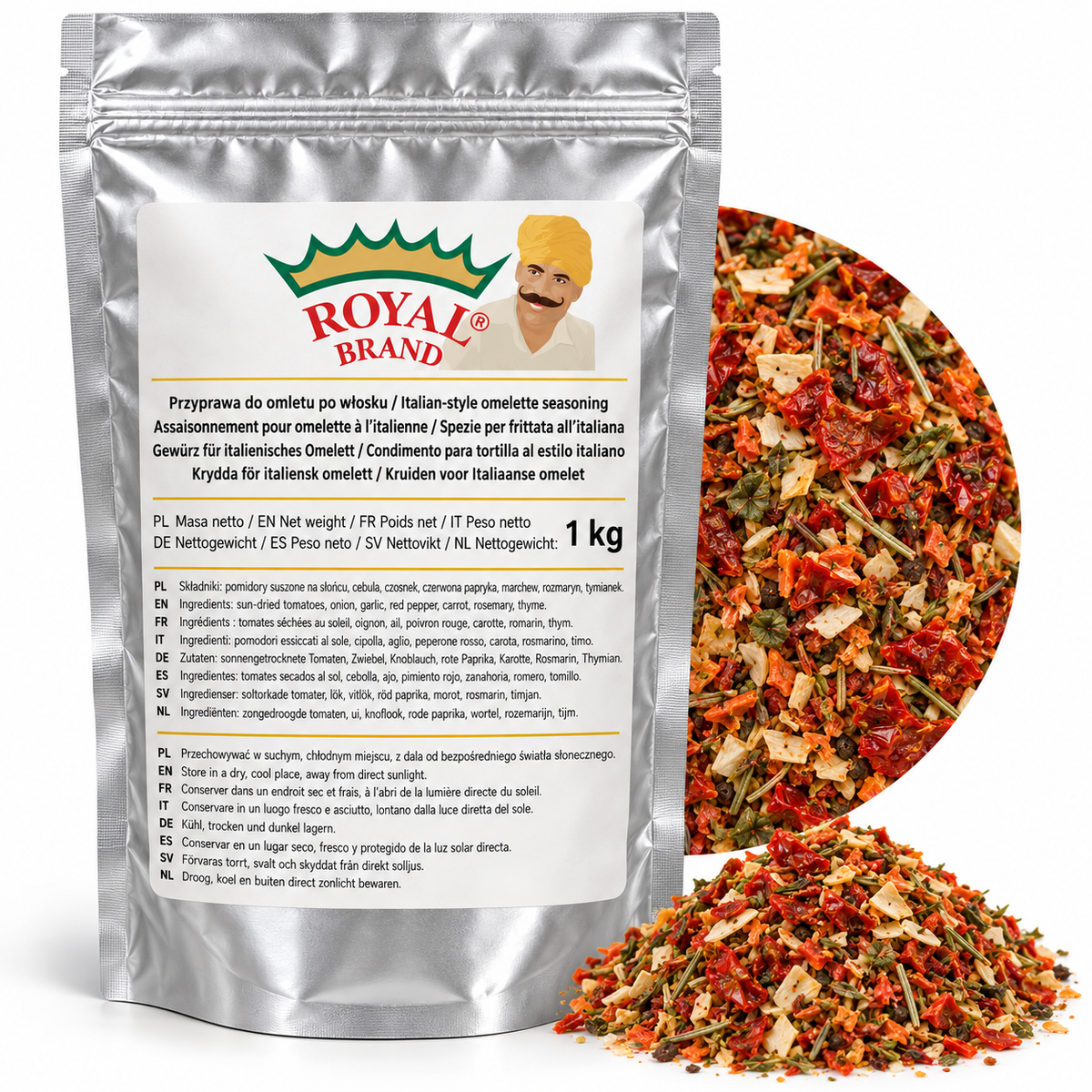 Projekt opakowania: Przyprawa do omletu po włosku 1 kg Royal Brand; logo Royal Brand do weryfikacji.