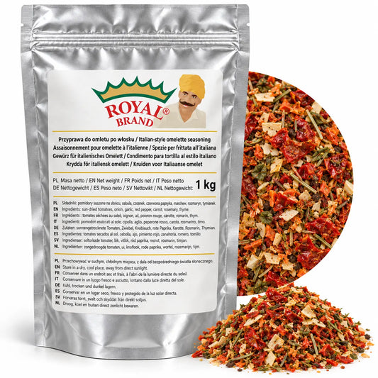 Projekt opakowania: Przyprawa do omletu po włosku 1 kg Royal Brand; logo Royal Brand do weryfikacji.