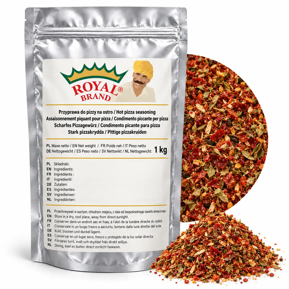 Projekt opakowania: Przyprawa do pizzy na ostro 1 kg Royal Brand; logo Royal Brand do weryfikacji.