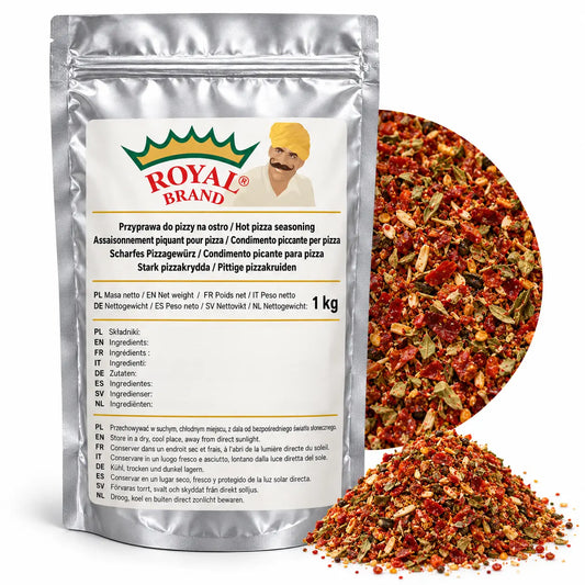 Projekt opakowania: Przyprawa do pizzy na ostro 1 kg Royal Brand; logo Royal Brand do weryfikacji.