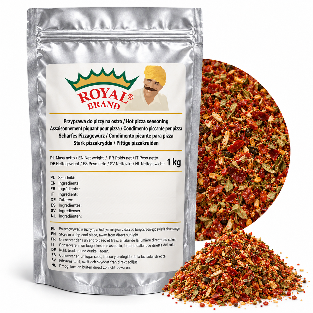 Projekt opakowania: Przyprawa do pizzy na ostro 1 kg Royal Brand; logo Royal Brand do weryfikacji.
