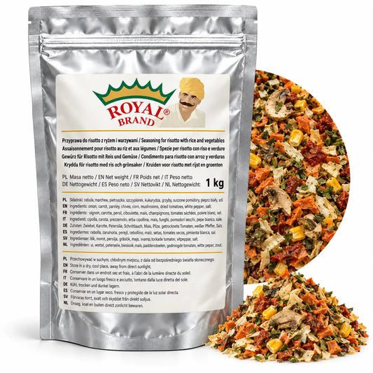 Projekt opakowania: Przyprawa do risotto z ryżem i warzywami 1 kg Royal Brand; logo Royal Brand do weryfikacji.