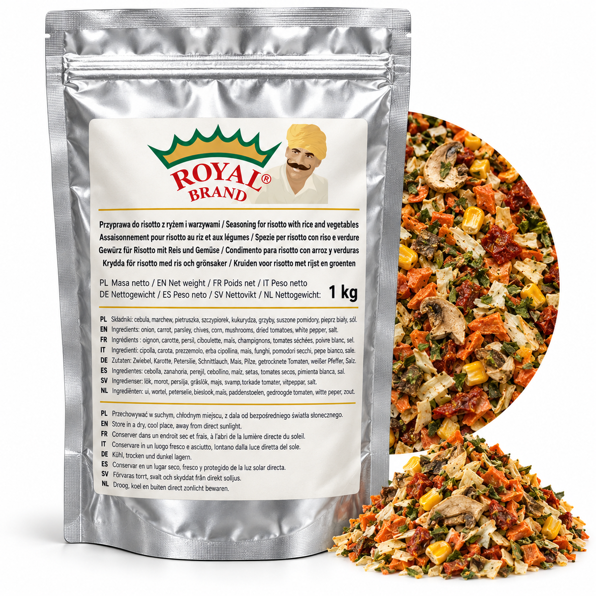 Projekt opakowania: Przyprawa do risotto z ryżem i warzywami 1 kg Royal Brand; logo Royal Brand do weryfikacji.