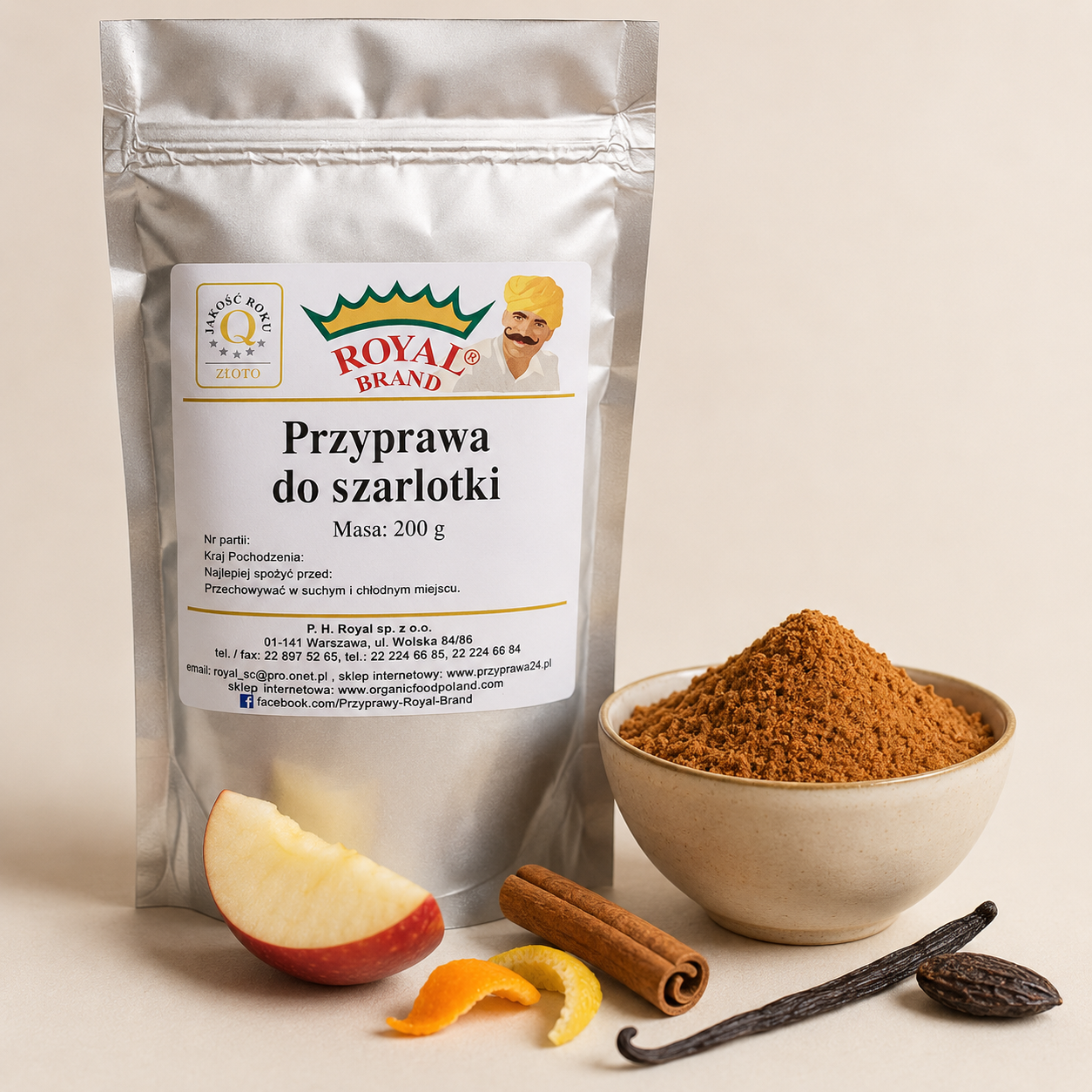 Przyprawa do szarlotki 200 g Royal Brand – opakowanie i mieszanka