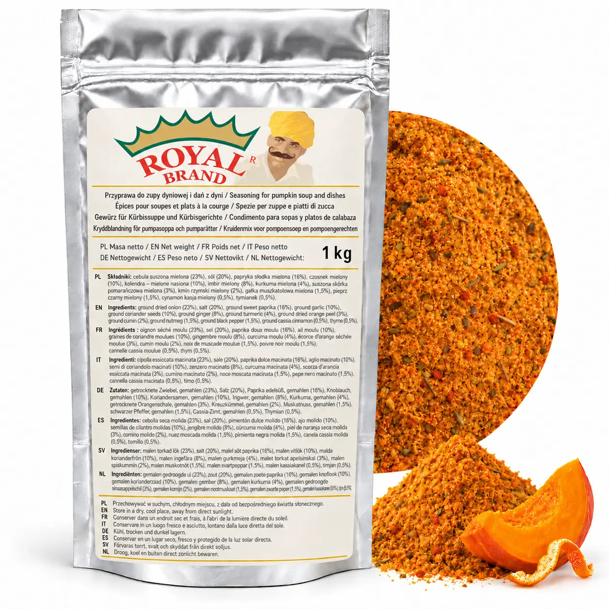 Royal Brand – przyprawa do zupy dyniowej i dań z dyni 1 kg, srebrne opakowanie z dekoracją dyni i skórki pomarańczowej; wizualizacja robocza.