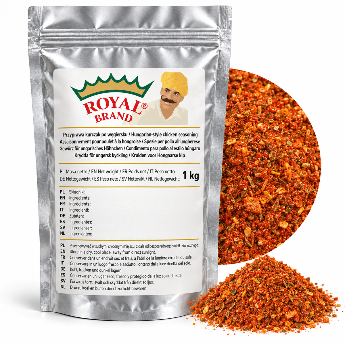 Projekt opakowania: Przyprawa kurczak po węgiersku 1 kg Royal Brand; logo Royal Brand do weryfikacji.