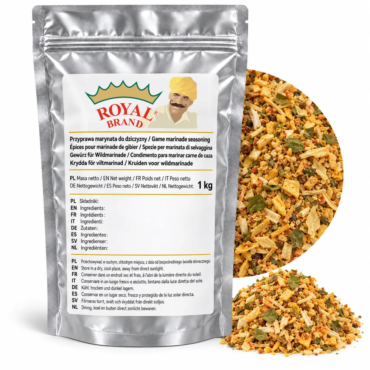 Przyprawa marynata do dziczyzny Royal Brand 1 kg w srebrnym opakowaniu.