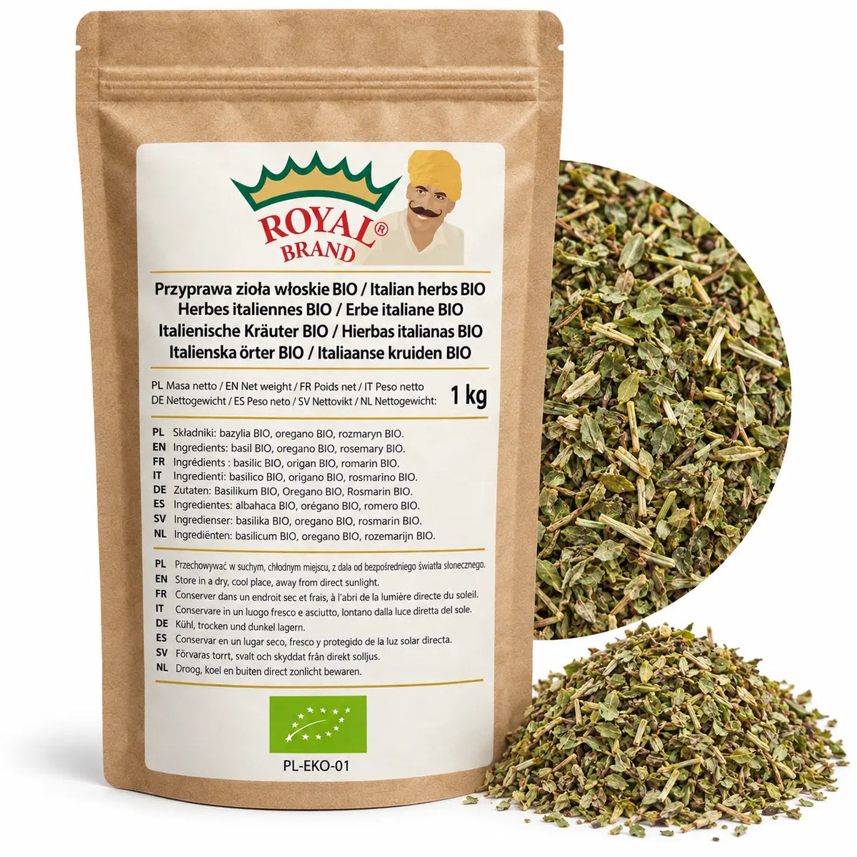 Projekt opakowania: Przyprawa zioła włoskie BIO 1 kg Royal Brand. Zielony listek BIO, PL-EKO-01. Logo marki do weryfikacji.