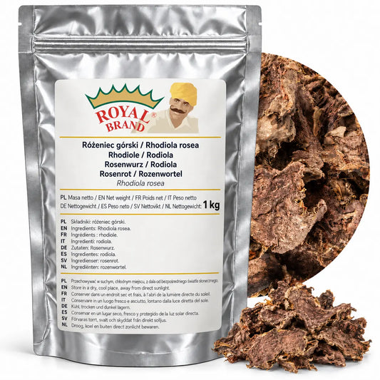 Różeniec górski 1 kg Royal Brand – srebrne opakowanie, kółko i kupka produktu: kawałki różeńca górskiego. Projekt zdjęcia.