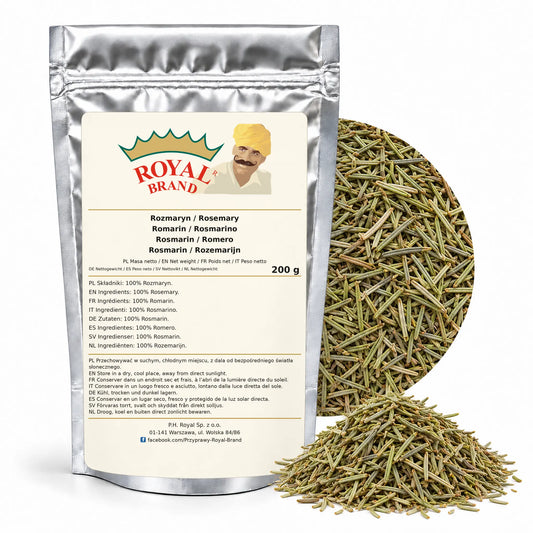 Rozmaryn 200 g Royal Brand — srebrne opakowanie, etykieta w 8 językach