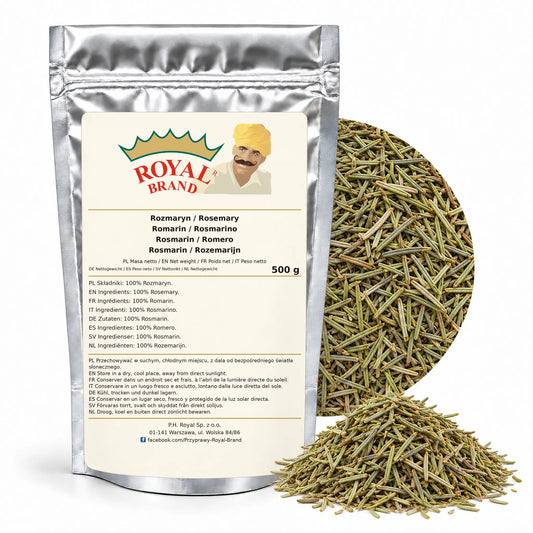 Rozmaryn 500 g Royal Brand — srebrne opakowanie, etykieta w 8 językach