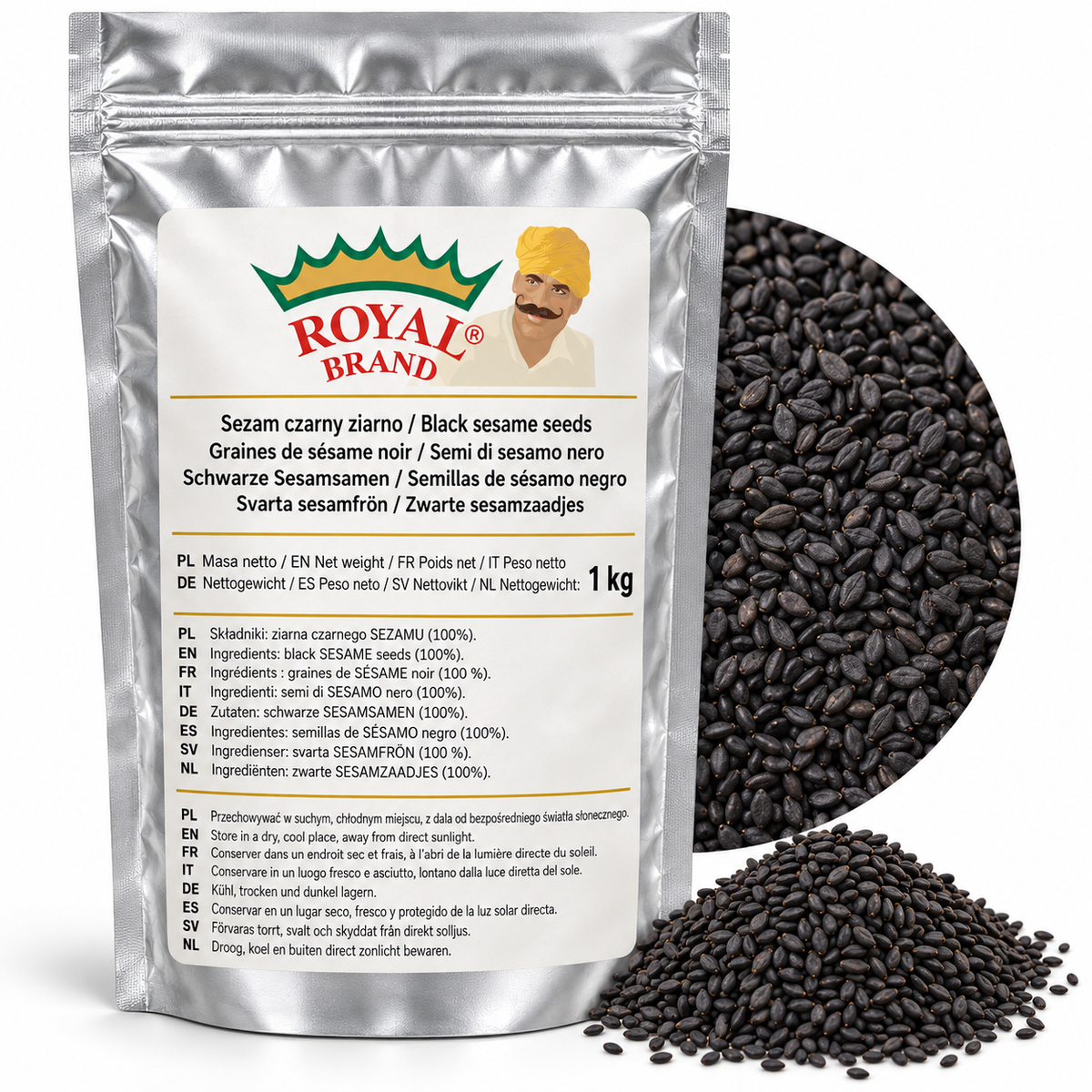 Sezam czarny ziarno 1 kg Royal Brand – projekt srebrnego opakowania