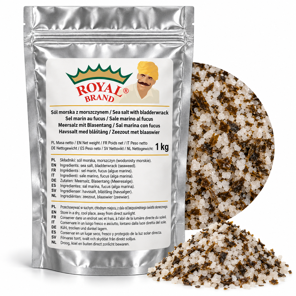 Projekt opakowania: Sól morska z morszczynem 1 kg Royal Brand; logo Royal Brand do weryfikacji.
