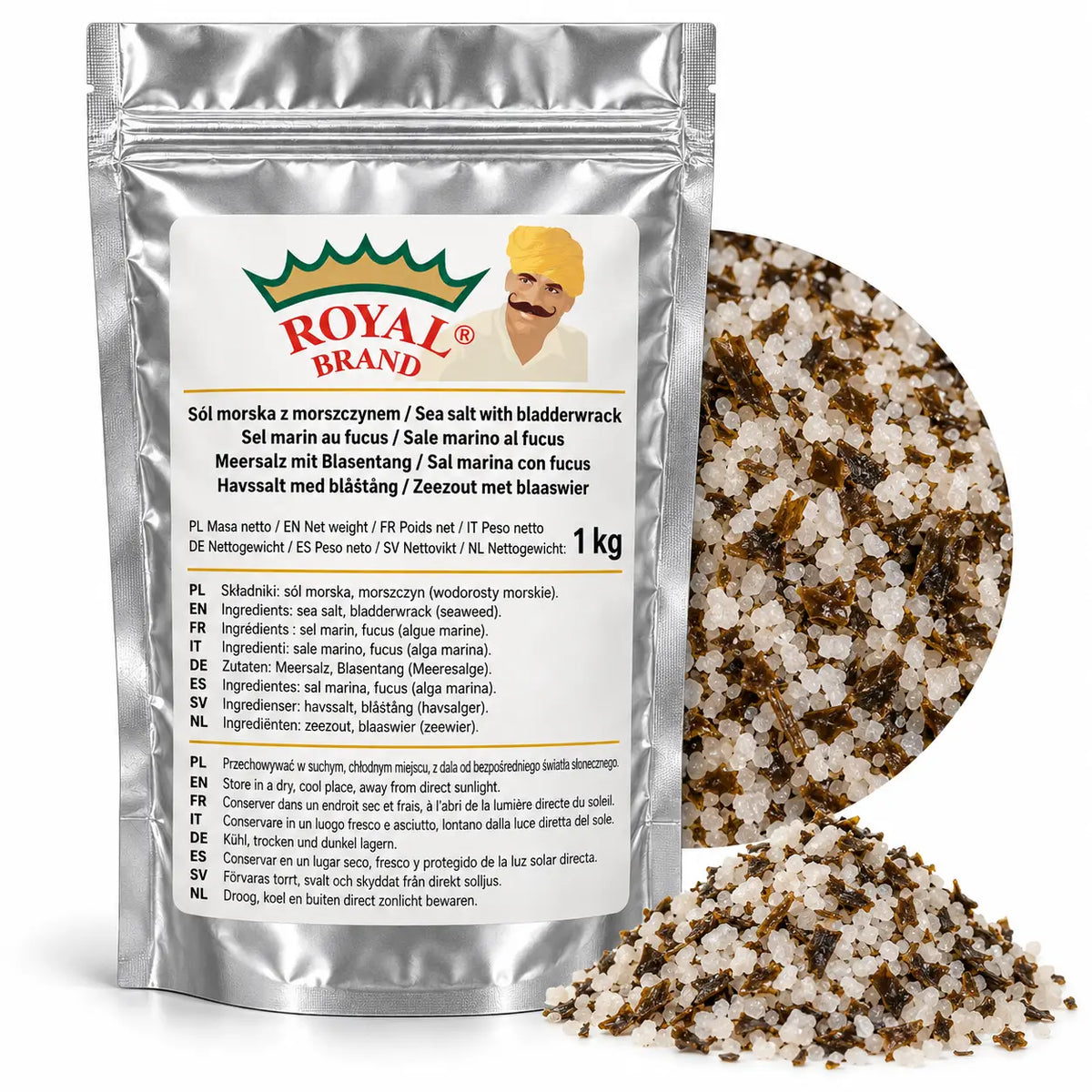 Projekt opakowania: Sól morska z morszczynem 1 kg Royal Brand; logo Royal Brand do weryfikacji.