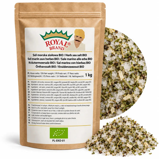 Projekt opakowania: Sól morska ziołowa BIO 1 kg Royal Brand. Zielony listek BIO, PL-EKO-01. Logo marki do weryfikacji.