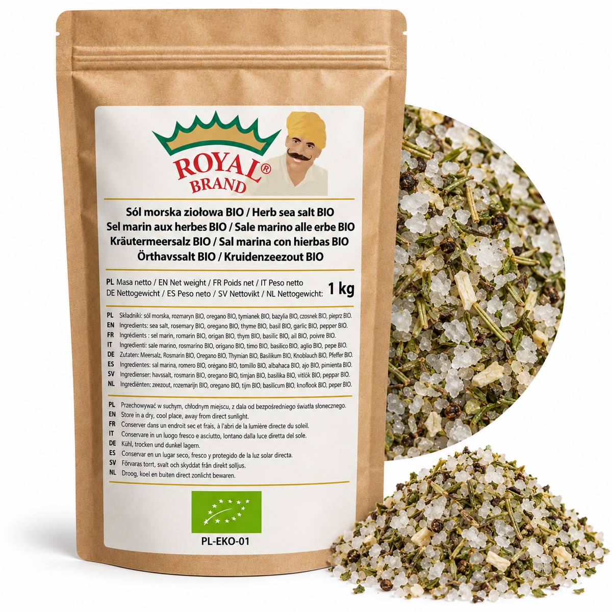 Projekt opakowania: Sól morska ziołowa BIO 1 kg Royal Brand. Zielony listek BIO, PL-EKO-01. Logo marki do weryfikacji.