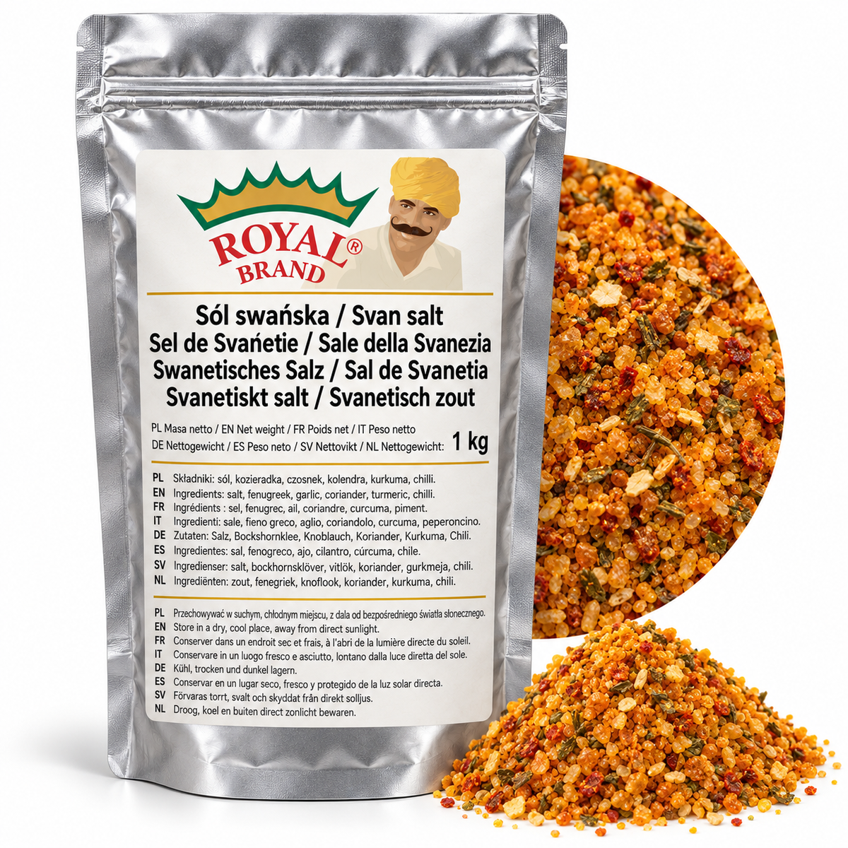 Projekt opakowania: Sól swańska 1 kg Royal Brand; logo Royal Brand do weryfikacji.