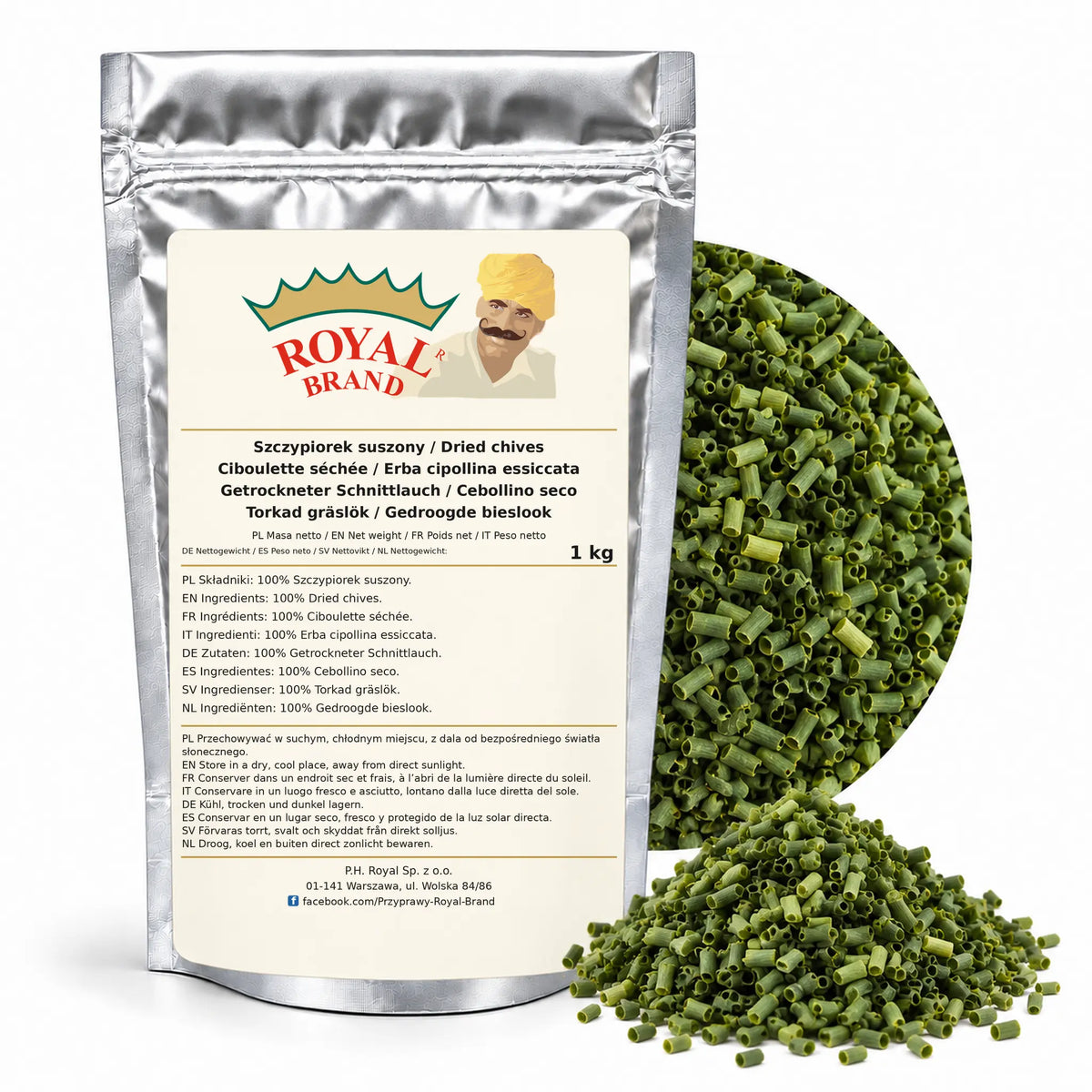 Szczypiorek suszony 1 kg Royal Brand — srebrne opakowanie, etykieta w 8 językach