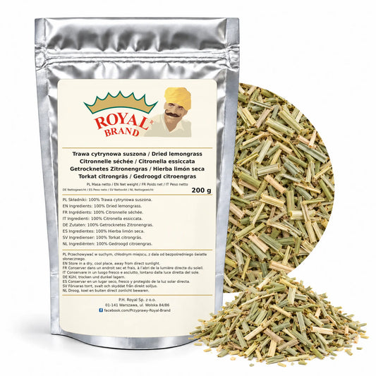 Trawa cytrynowa 200 g Royal Brand — srebrne opakowanie, etykieta w 8 językach