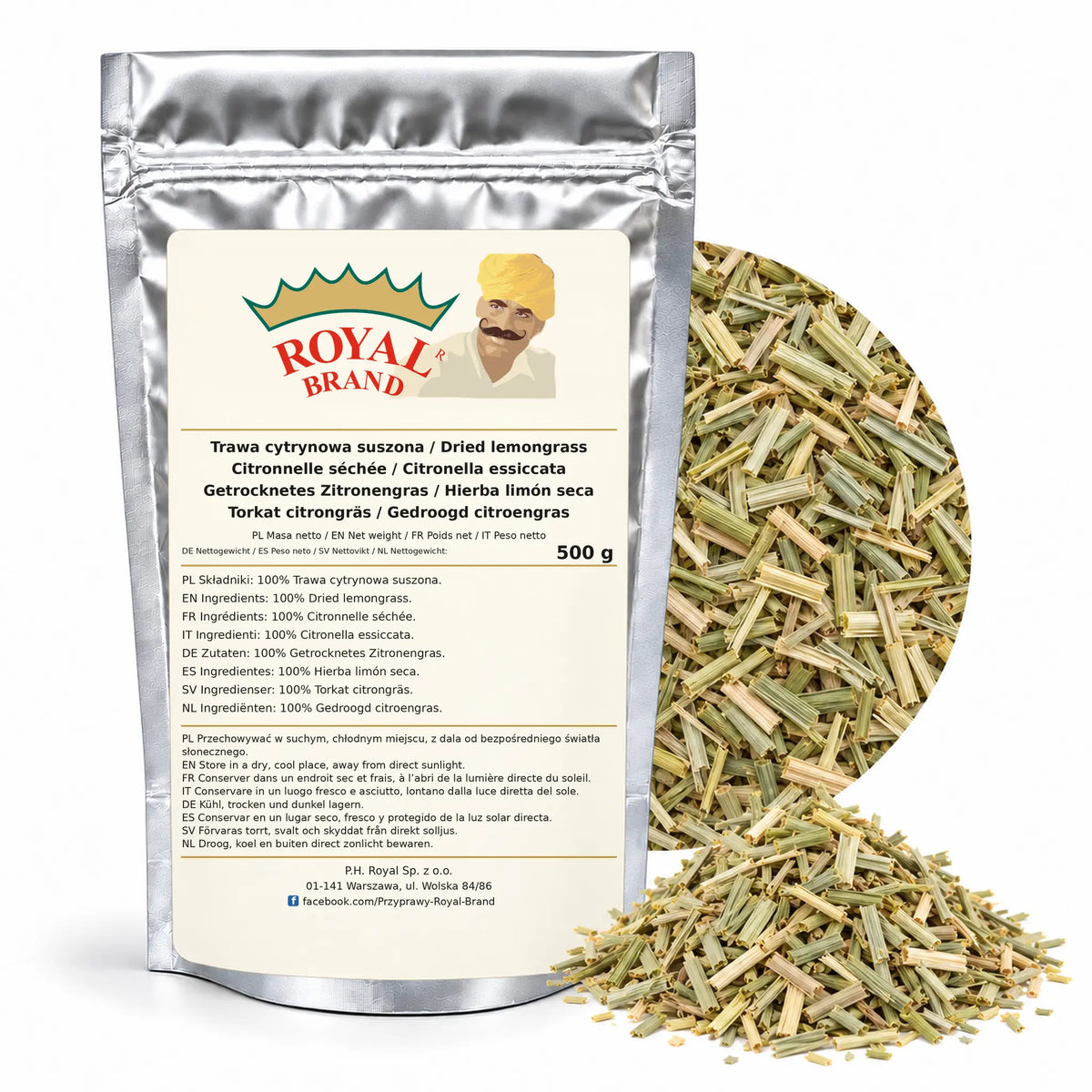 Trawa cytrynowa 500 g Royal Brand — srebrne opakowanie, etykieta w 8 językach