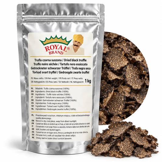 Projekt opakowania: Trufla czarna suszona 1 kg Royal Brand; logo Royal Brand do weryfikacji.