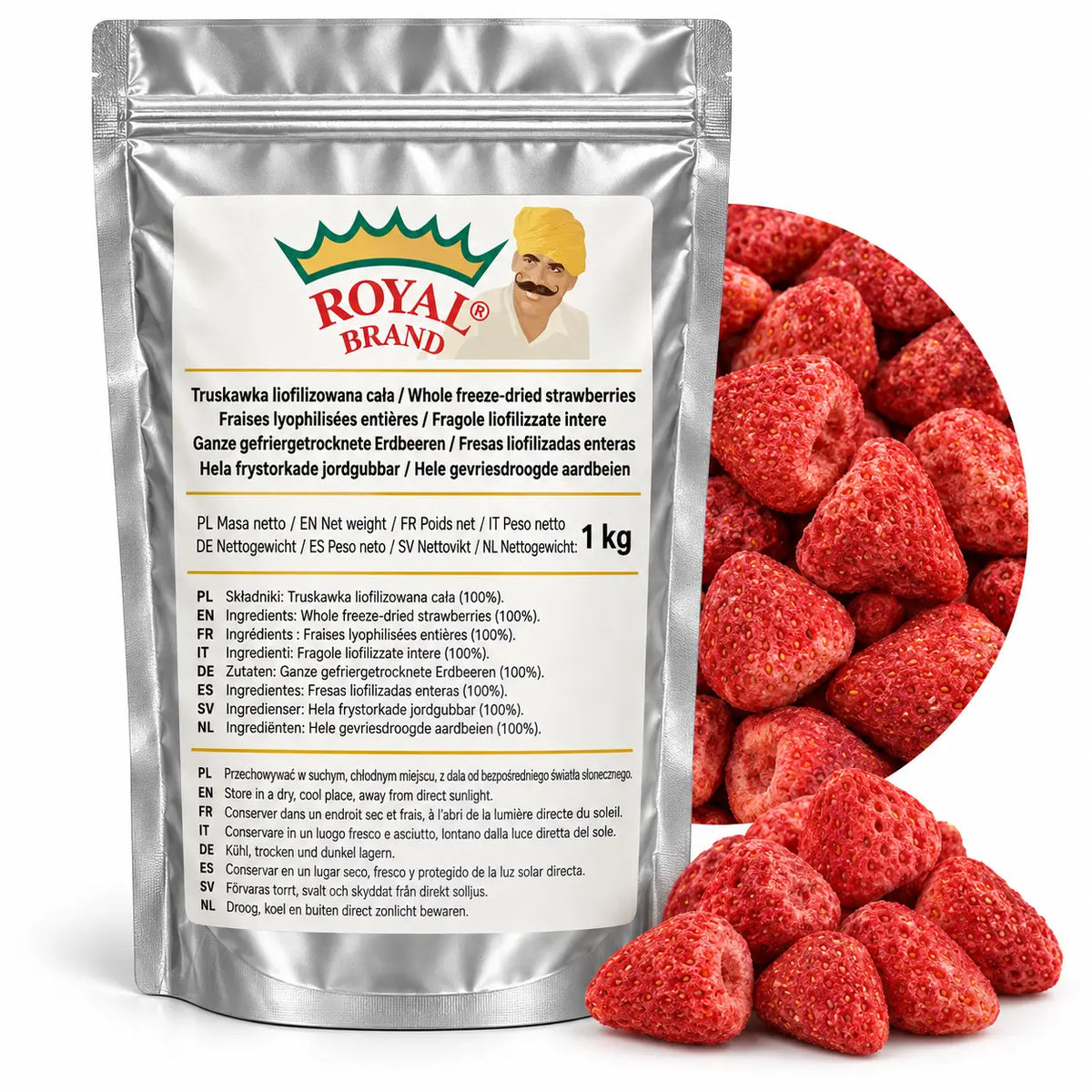 Projekt opakowania: Truskawka liofilizowana cała 1 kg Royal Brand; logo Royal Brand do weryfikacji.