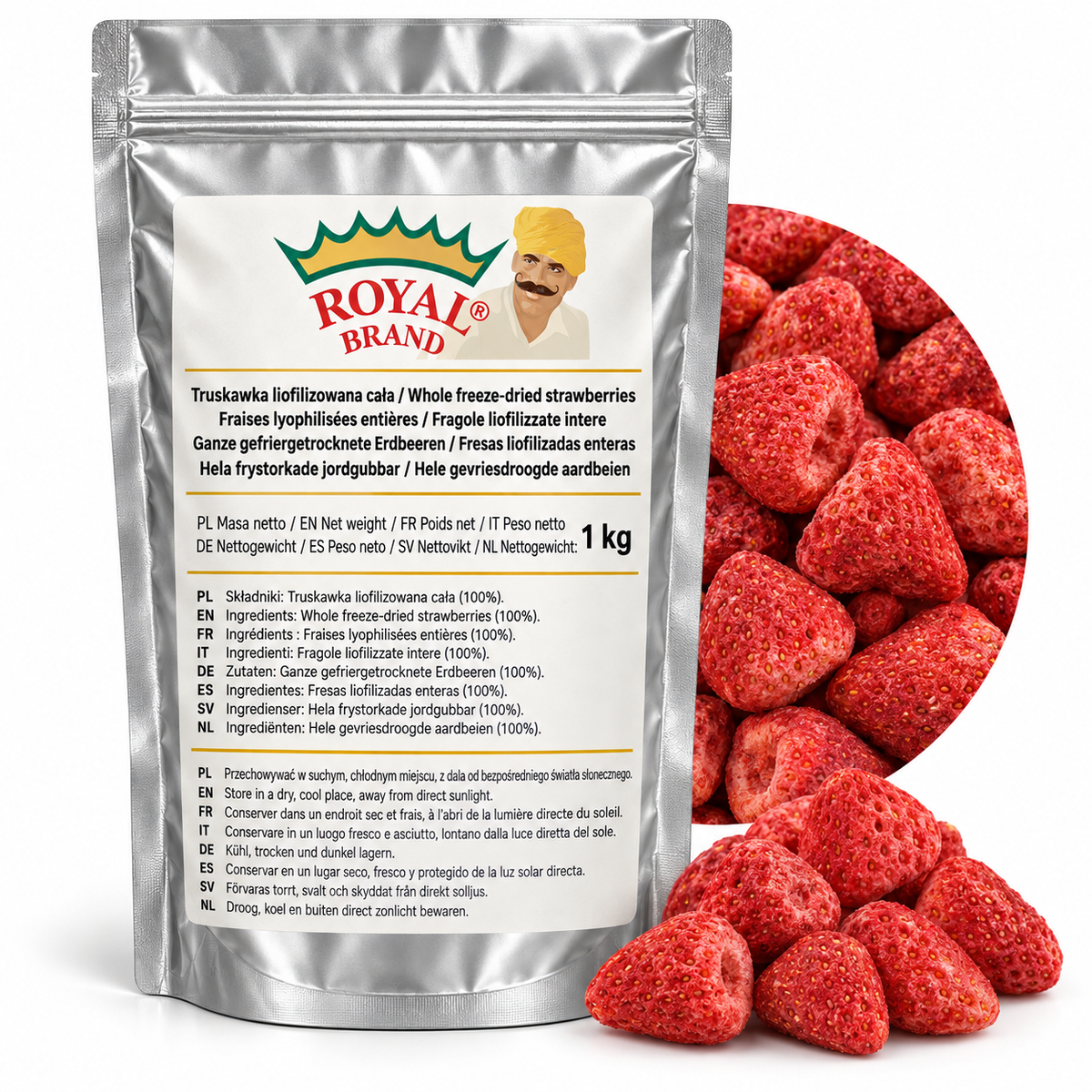Projekt opakowania: Truskawka liofilizowana cała 1 kg Royal Brand; logo Royal Brand do weryfikacji.