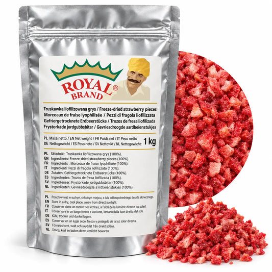 Projekt opakowania: Truskawka liofilizowana grys 1 kg Royal Brand; logo Royal Brand do weryfikacji.