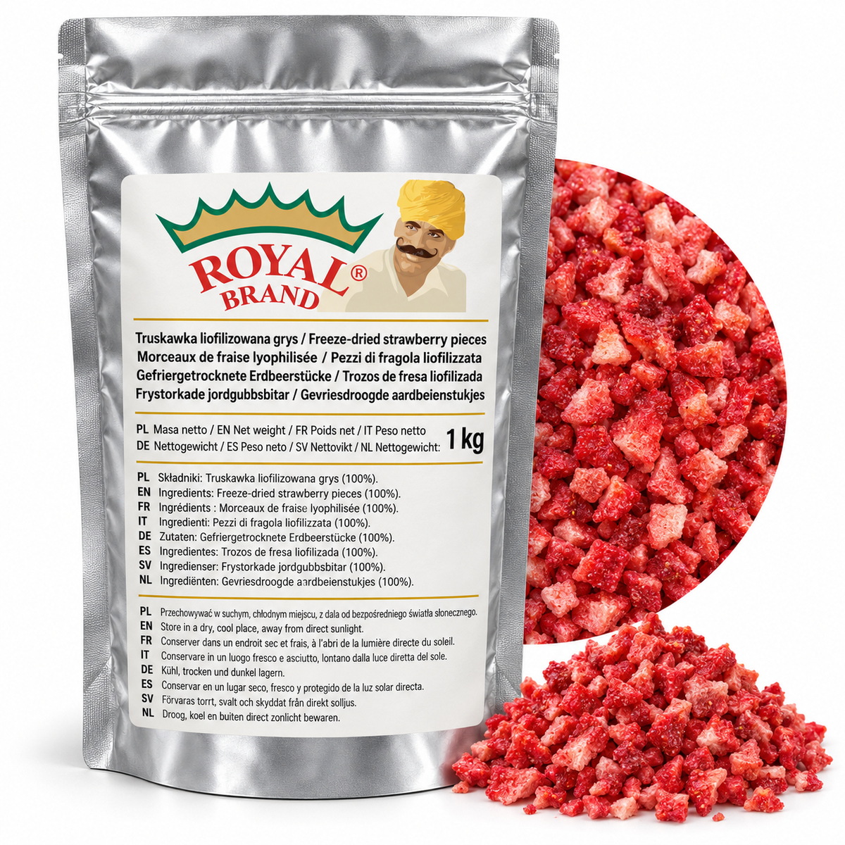 Projekt opakowania: Truskawka liofilizowana grys 1 kg Royal Brand; logo Royal Brand do weryfikacji.