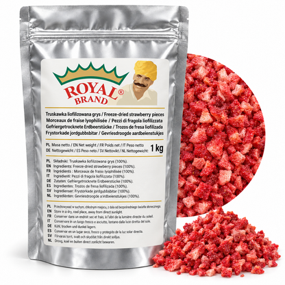 Projekt opakowania: Truskawka liofilizowana grys 1 kg Royal Brand; logo Royal Brand do weryfikacji.