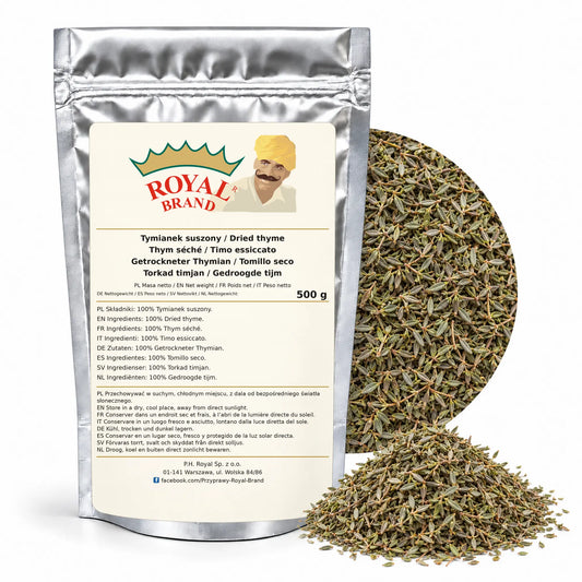 Tymianek suszony 500 g Royal Brand — srebrne opakowanie, etykieta w 8 językach