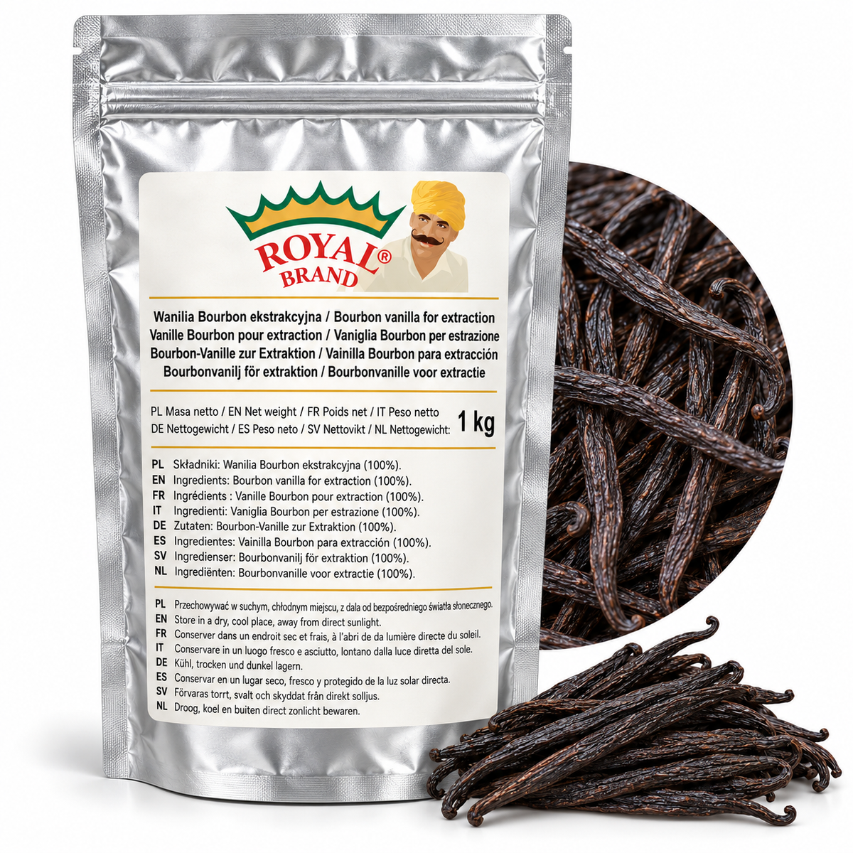Projekt opakowania: Wanilia Bourbon ekstrakcyjna 1 kg Royal Brand; logo Royal Brand do weryfikacji.