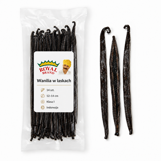 Wanilia w laskach 14 szt. 12–14 cm – klasa I, Indonezja Royal Brand – opakowanie i laski