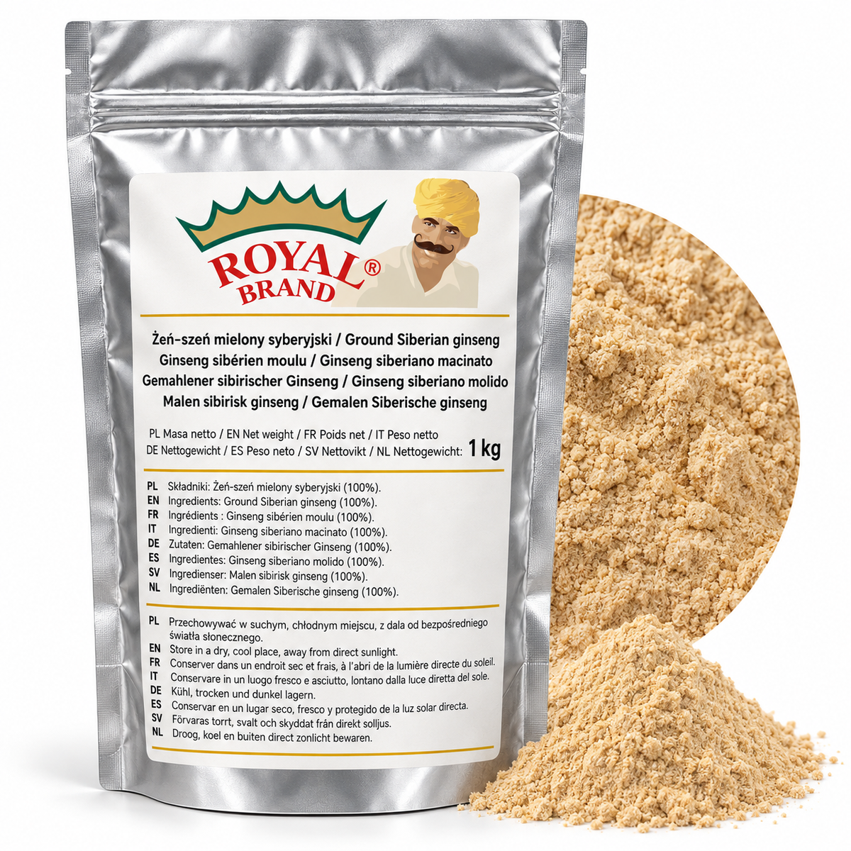 Projekt opakowania: Żeń-szeń mielony syberyjski 1 kg Royal Brand; logo Royal Brand do weryfikacji.
