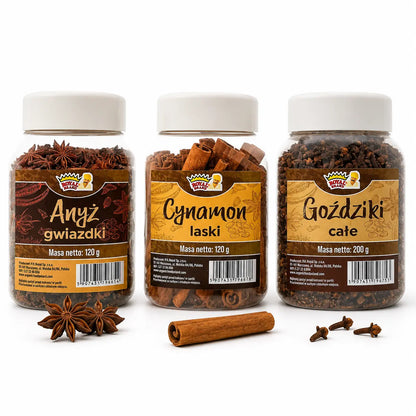 Zestaw przypraw Royal Brand w słoikach: anyż 120 g, cynamon 120 g i goździki 200 g