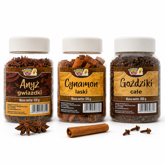 Zestaw przypraw Royal Brand w słoikach: anyż 120 g, cynamon 120 g i goździki 200 g