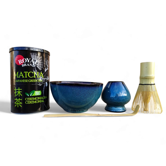 Zestaw startowy do herbaty matcha Bio 100g z piękną czarką miotełką i łyżką Royal Brand