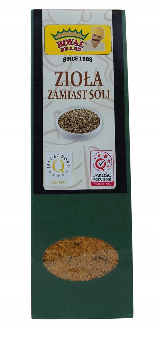 Opakowanie mieszanki Zioła zamiast Soli marki Oficjalny sklep Royal Brand z widocznym okienkiem na przyprawy