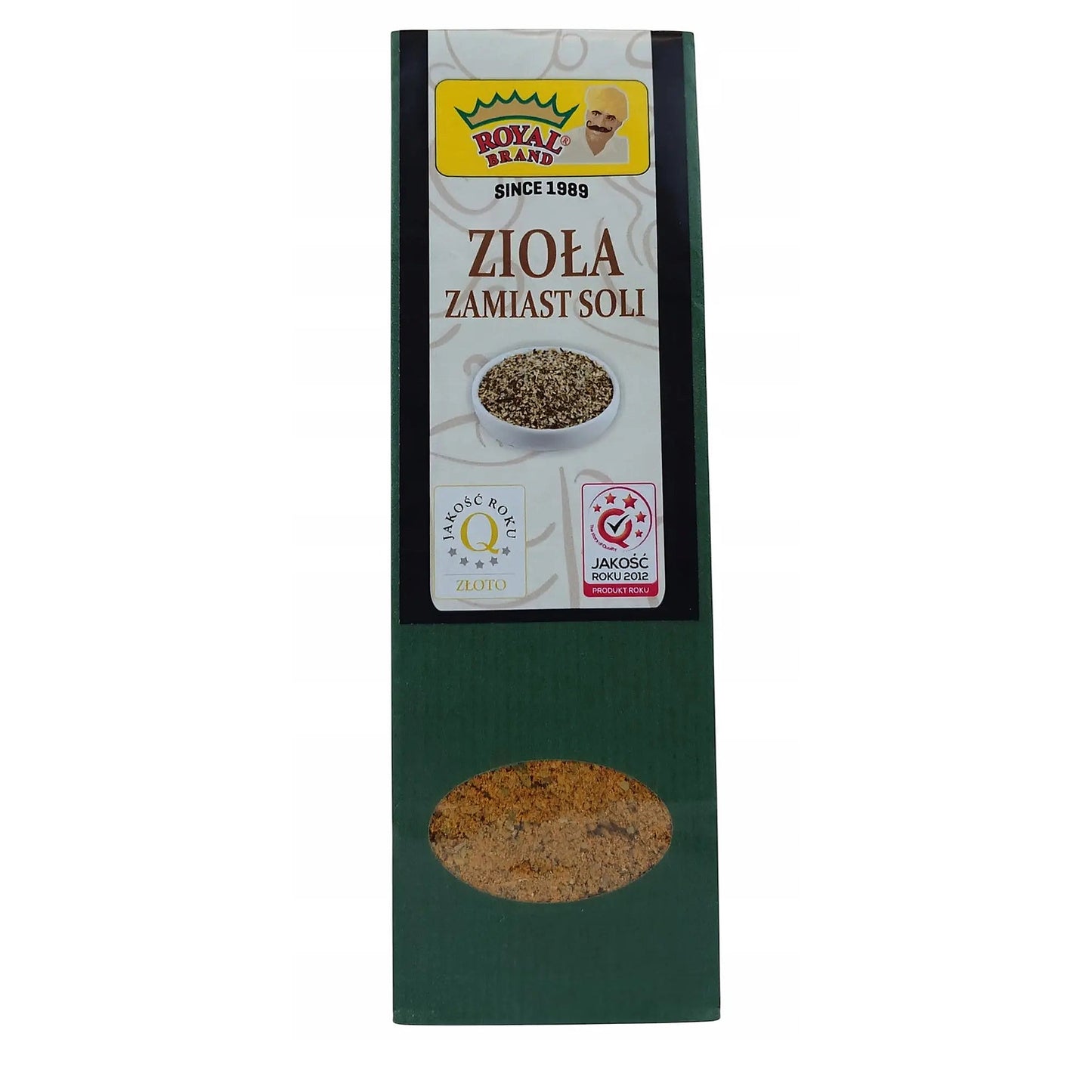 Opakowanie mieszanki Zioła zamiast Soli marki Oficjalny sklep Royal Brand z widocznym okienkiem na przyprawy