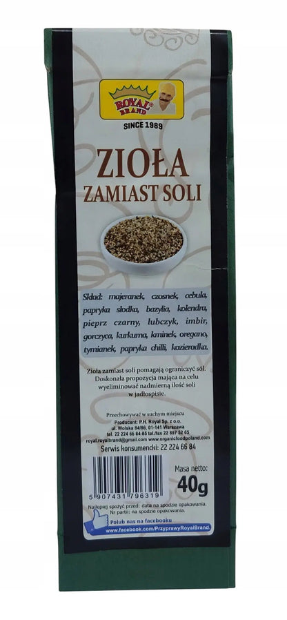 Opakowanie mieszanki ziół zamiast soli Oficjalny sklep Royal Brand 40g z widoczną listą naturalnych składników