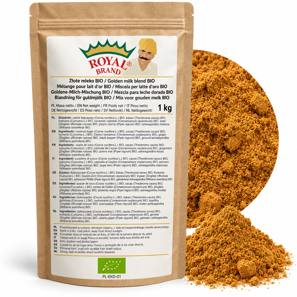 Projekt opakowania: Złote mleko BIO 1 kg Royal Brand. Zielony listek BIO, PL-EKO-01. Logo marki do weryfikacji.