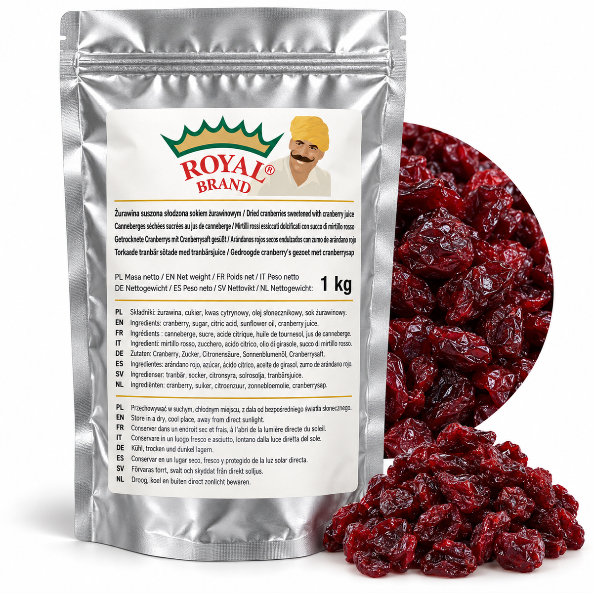Projekt opakowania: Żurawina suszona słodzona sokiem żurawinowym 1 kg Royal Brand; logo Royal Brand do weryfikacji.